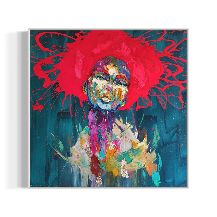 woman portrait green eyes red hair paint splattered palette knife expressionist and gold foil on blue background