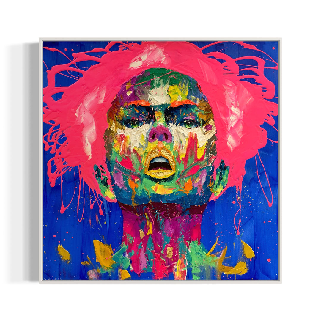 straight on portrait of woman face mouth open in thick gestural brushstrokes in bright neon color on blue background splattered pink hair