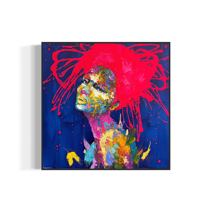 side view portrait of woman face in thick expressionistic brushstrokes and multi color neon splattered red paint hair on bright blue background