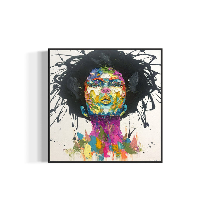 front on portrait of woman with black expressionist painted hair in black, thick layers of paint applied to canvas with brushes and knives, skin made up of purple, blue, green, yellow, and red abstract marks of impasto acrylic on white background 