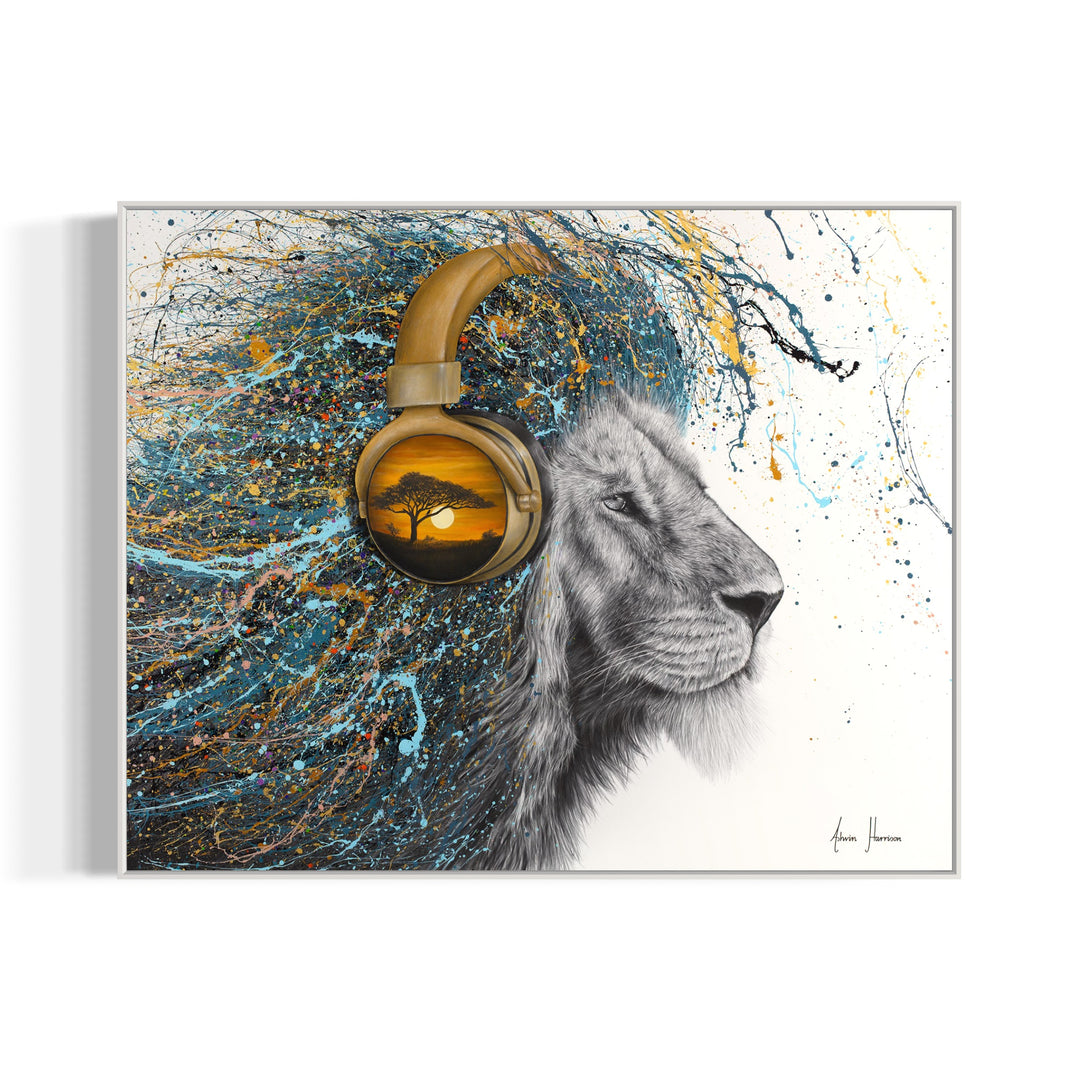 Lion profile looking right in black and white, wearing gold headphones with tree and sunset with paint splattered mane
