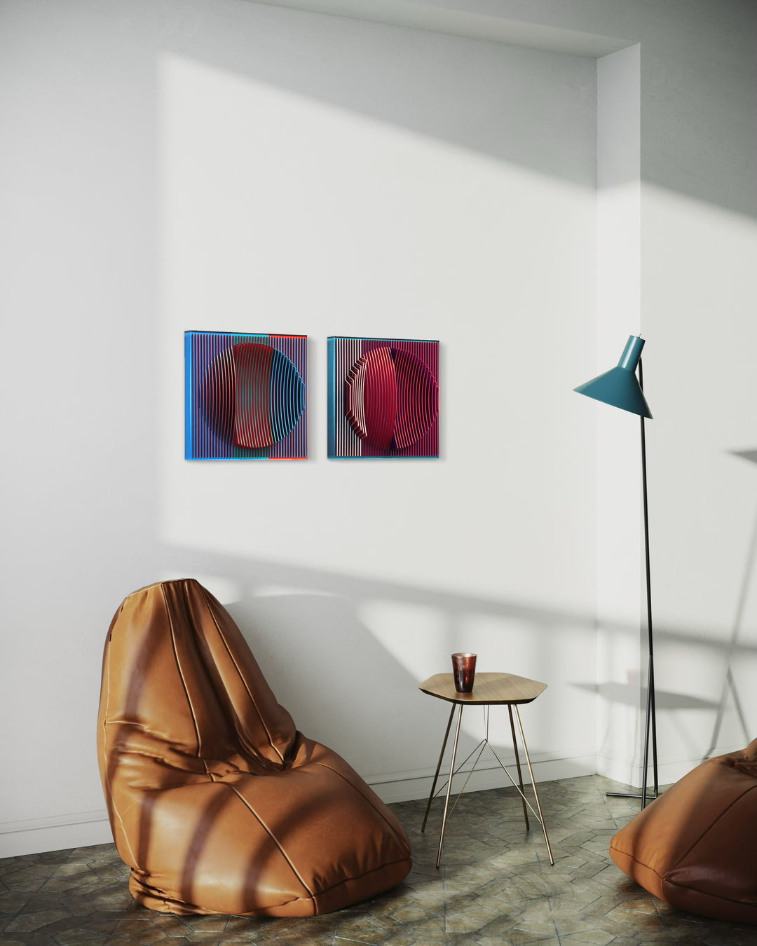 vertical stripes in three sections of color purple blue red optical mixing illusion concave convex sculptural abstract geometric modern