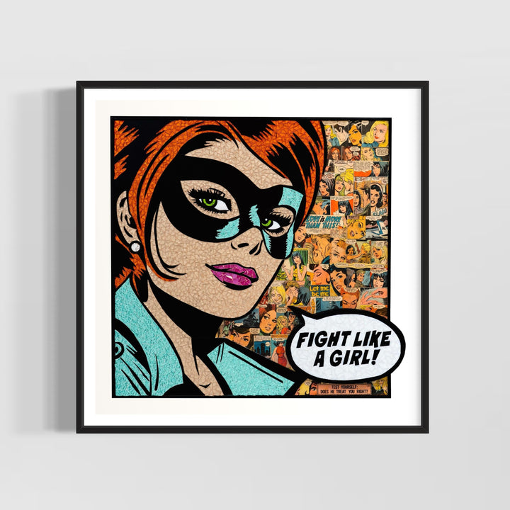 white woman with blue mask collared shirt and red hair on comic strip collage background stained glass mosaic