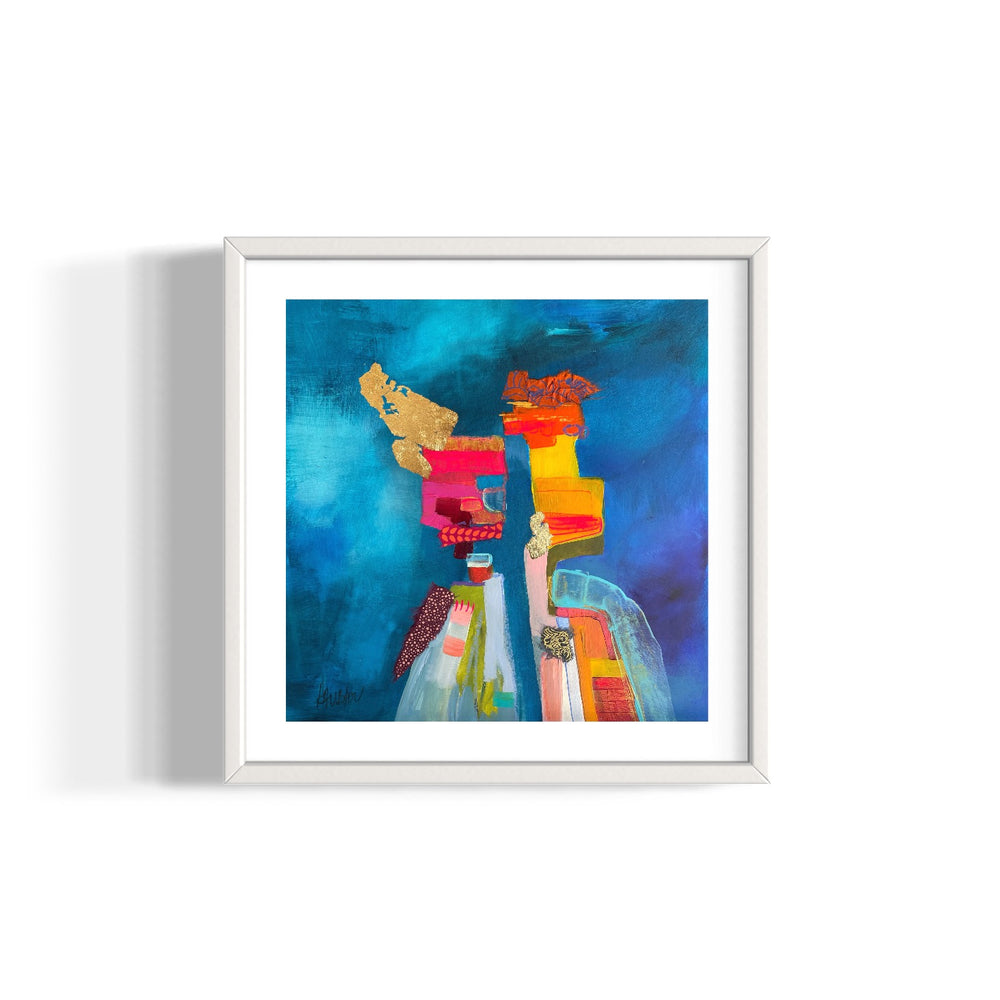 two abstract stacked figure shaped collage in paint fabric gold leaf foil mirrored symmetrical on blue teal cloudy background