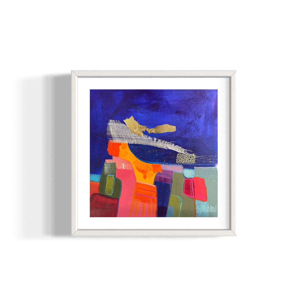 abstract organic shapes in bright colors lower half of composition with white fabric net collage above and gold leaf foil on dark blue washy background