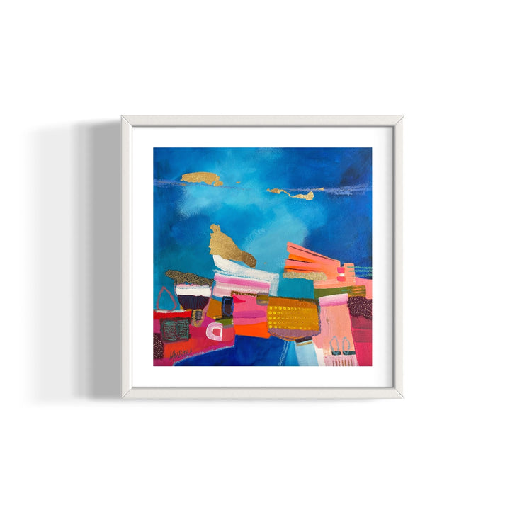abstract colorful collage in paint graphite fabric patterns gold leaf stacked and over layed on bright blue background