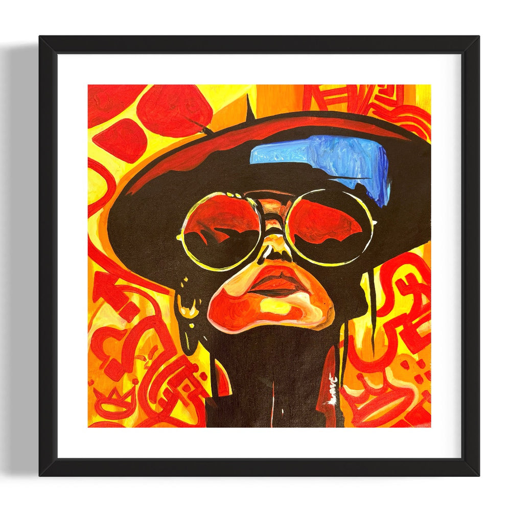 bright pop art portrait glasses hat color block style face looking upwards with bright patterns in red orange yellow 