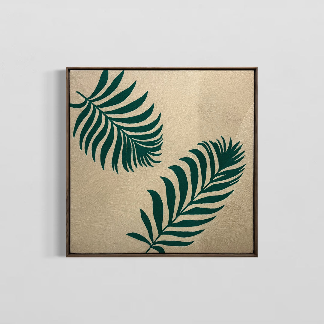 Two green palm fern leaves green on cream tan background in stitched embroidery chain textile fabric 