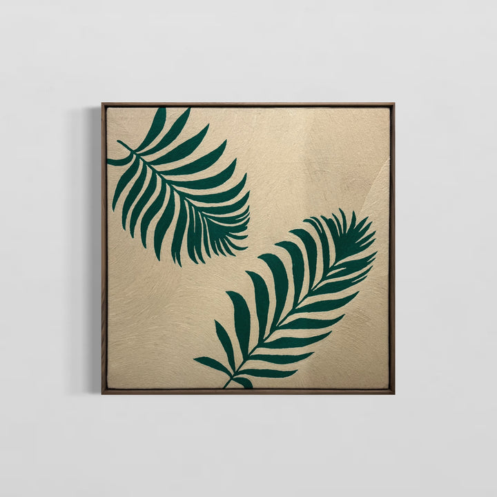 Two green palm fern leaves green on cream tan background in stitched embroidery chain textile fabric 