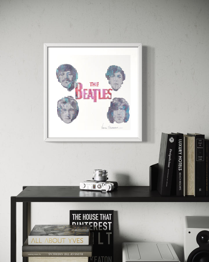14"x14" acrylic and oil paint on canvas board image of the Beatles. 