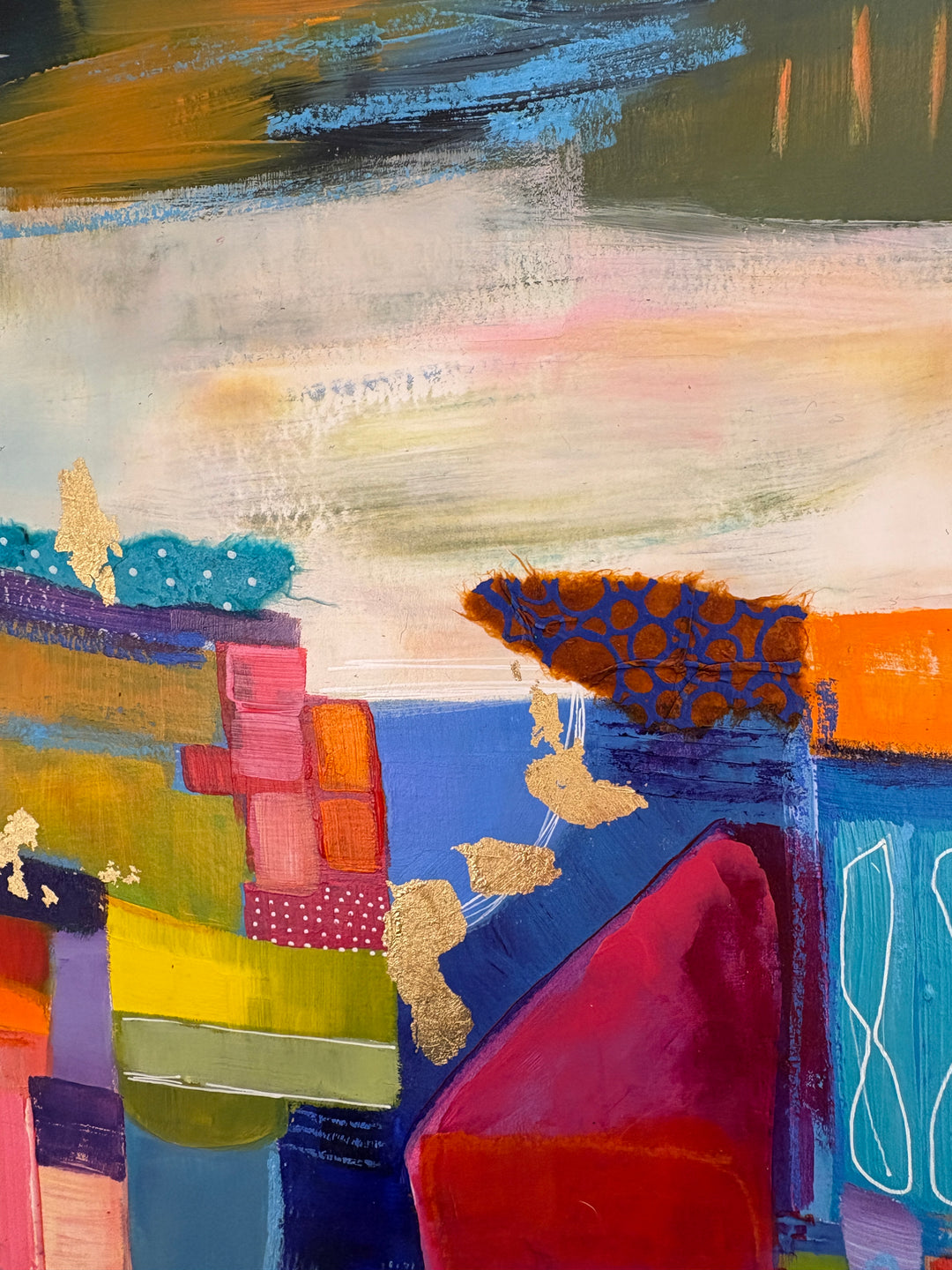 abstract collage mixed media acrylic paint graphite fabric textiles paper gold leaf polka dots pattern net in blue green pinks wish washy paint stroke background