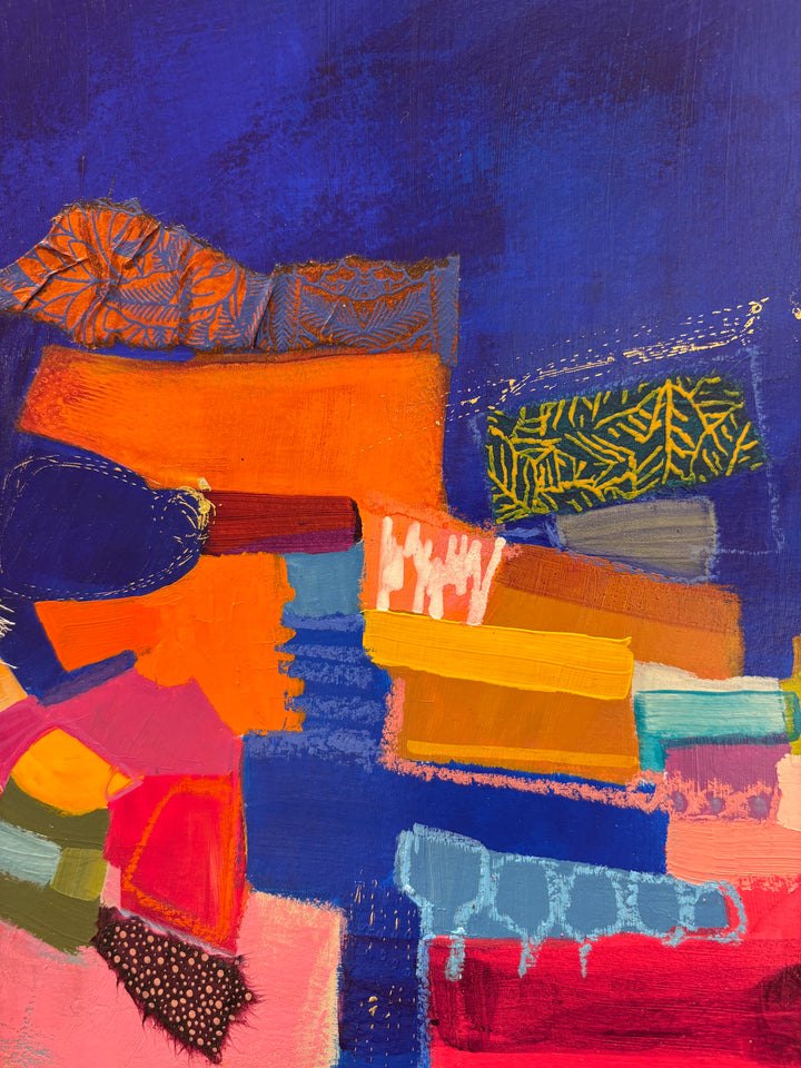 pile stack abstract composition collage of shapes colors pink orange in fabric acrylic paint graphite pastel patterns net on dark blue washy background