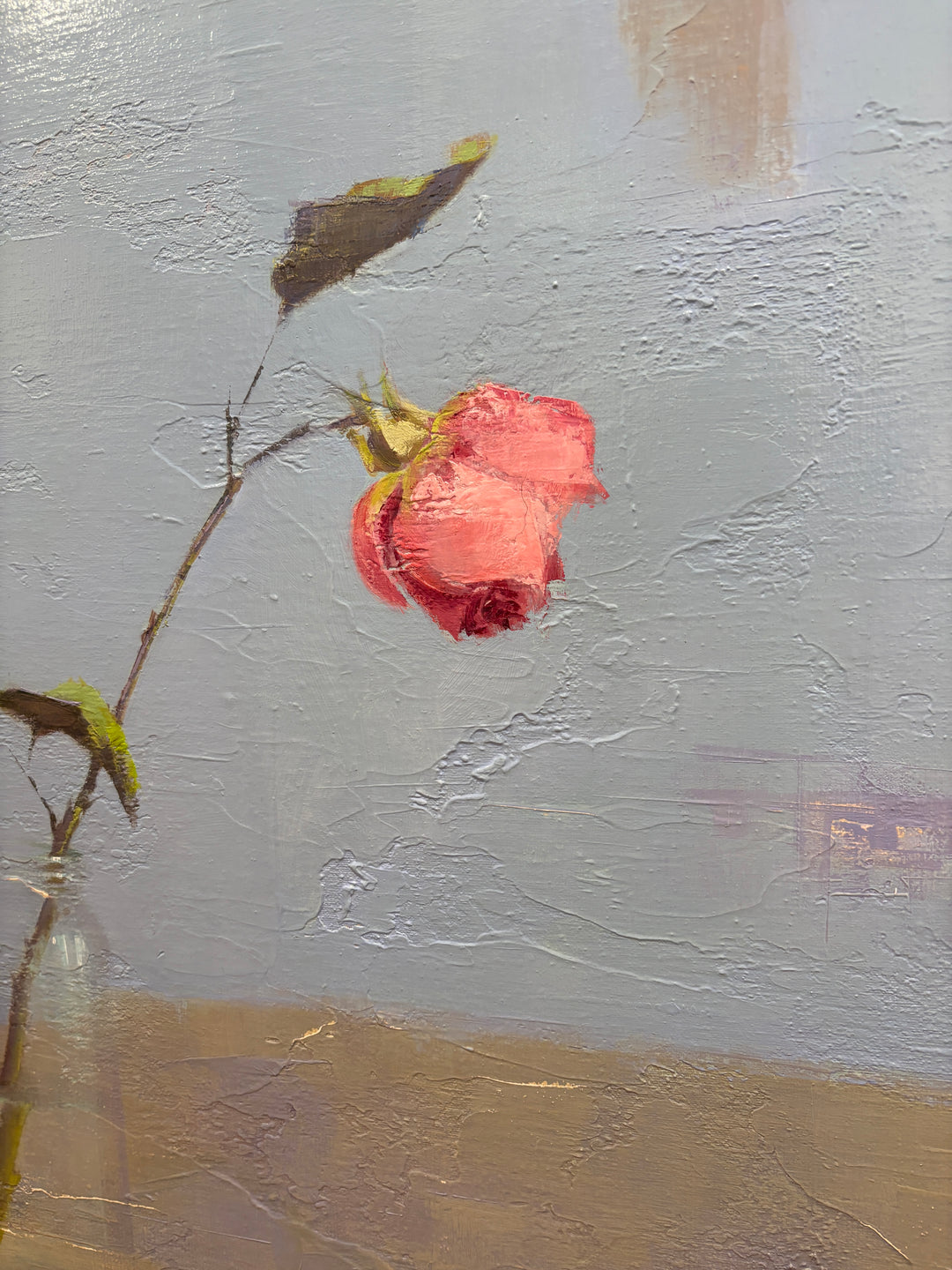 realism still life in oil textured painting single rose flower in glass with book simplify and pencil on blue background