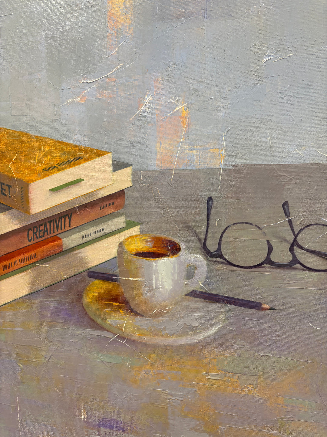 Still life observational study of books stacked with coffee mug tea and pencil and glasses realism textured layered oil painting on blue background