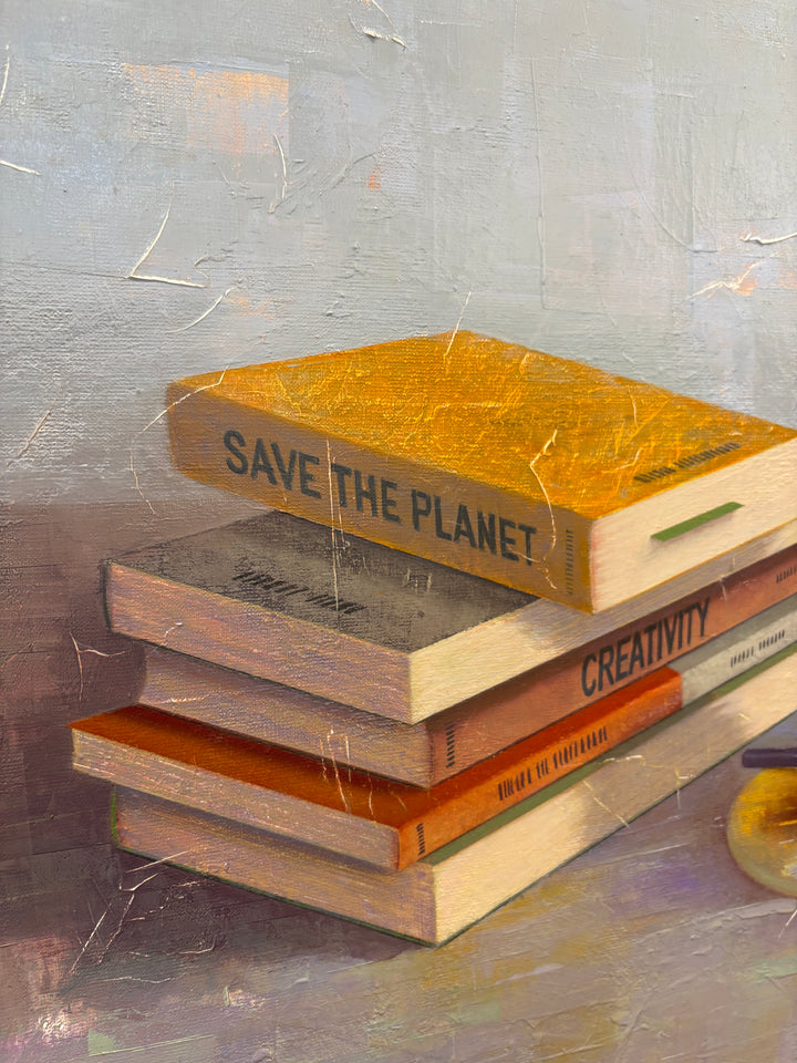 Still life observational study of books stacked with coffee mug tea and pencil and glasses realism textured layered oil painting on blue background