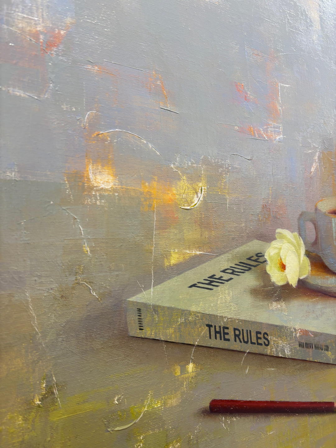 still life realism oil painting with book coffee glasses flower and pencil on surface in blue and green textured surface 