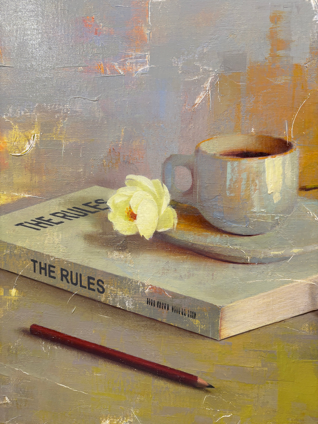 still life realism oil painting with book coffee glasses flower and pencil on surface in blue and green textured surface 