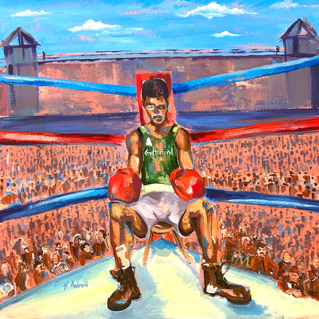 Acrylic Painting and Collage on Parachute Paper by Keith Andrews of boxer sitting in a boxing ring inside of prison with inmates looking on. 44"x44". Bright green and blue foreground