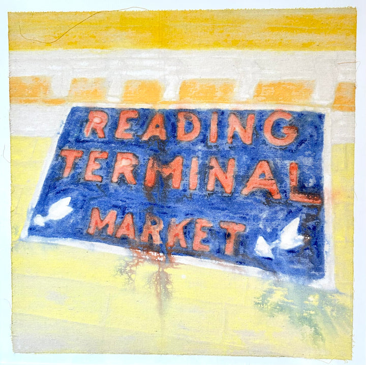 reading terminal market text and sign in red with blue box surrounding, on a yellow background. Bleeding and blending of watercolor paint