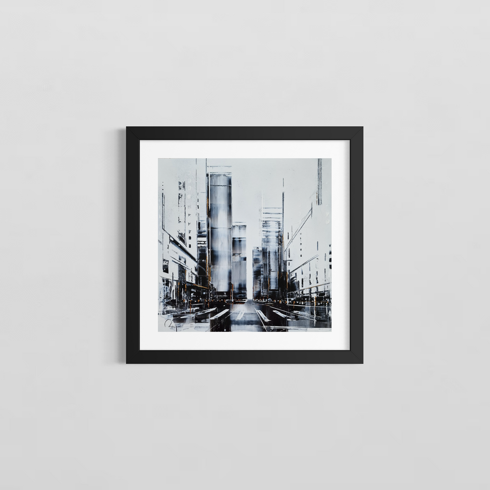 After the Rain II by Julien Rey shows a city scape scene where the abstract buildings reflect off of the rainy streets. Painted in gold leaf and black and white Chinese lacquer. Framed and hung on a light gray wall.