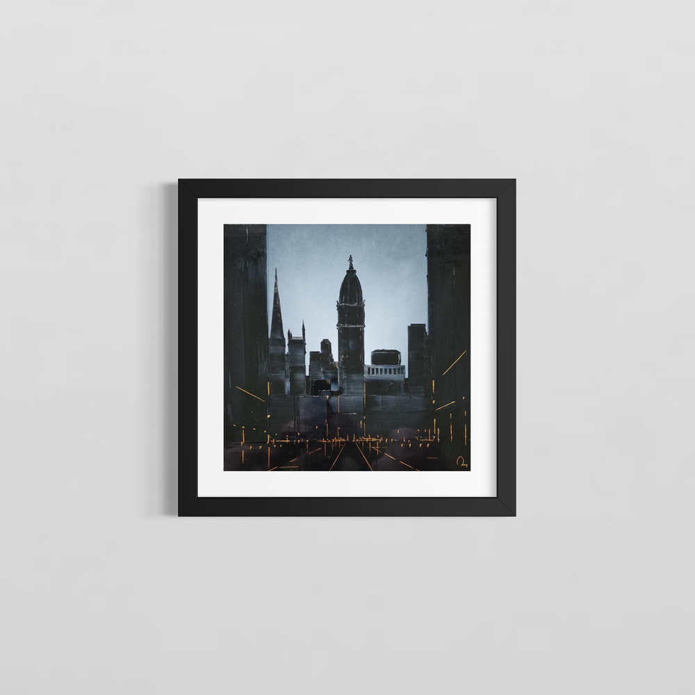 Philadelphia's City Hall is abstractly painted in gold leaf and black and white lacquer by Julien Rey. The gold highlights the lights in the street and on the buildings giving the artwork a beautiful perspective. Framed with a white mat and a black frame on a gray wall.