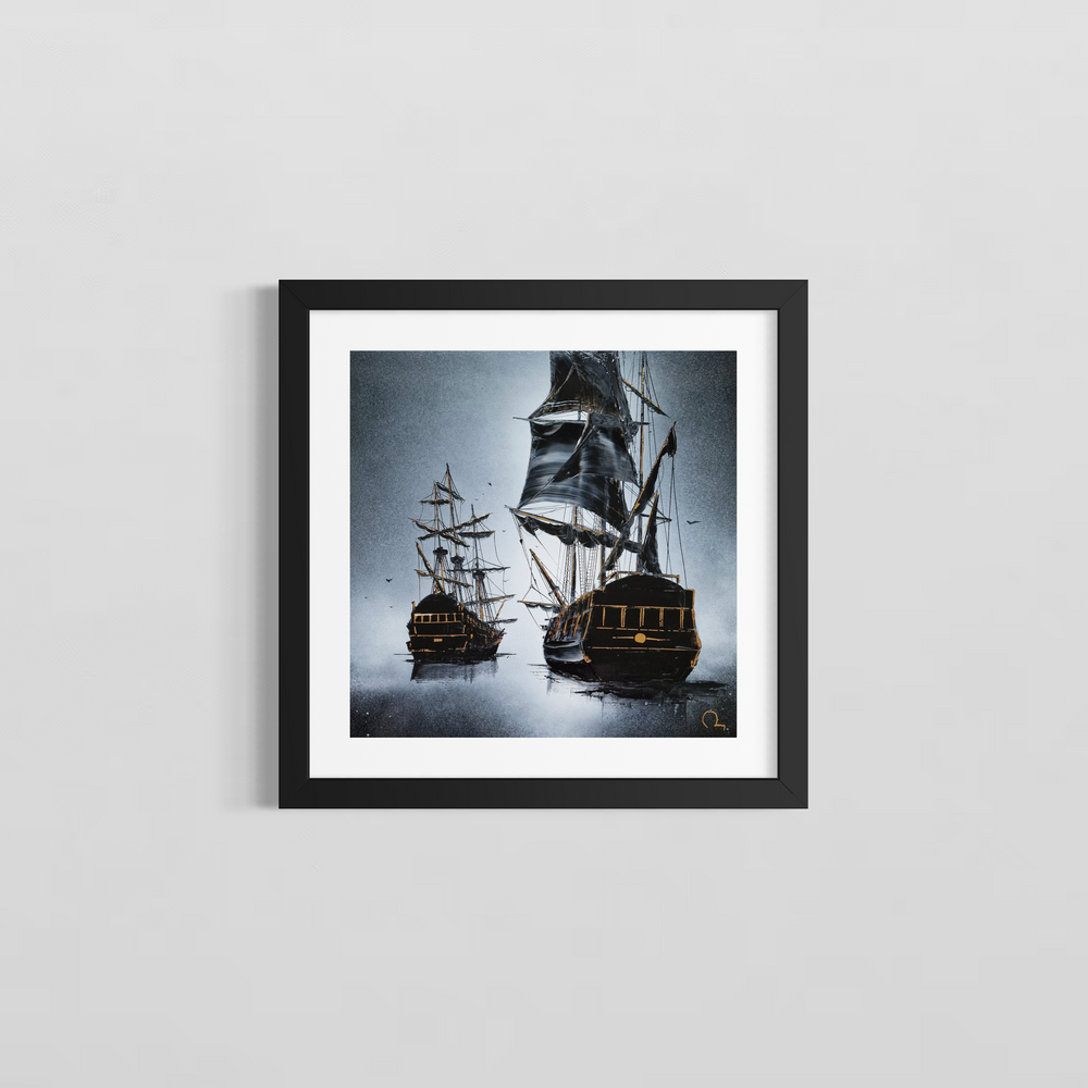 Two elaborate sail boats traveling away from the viewer. Painted in black and white Chinese lacquer and gold leaf by Julien Rey.