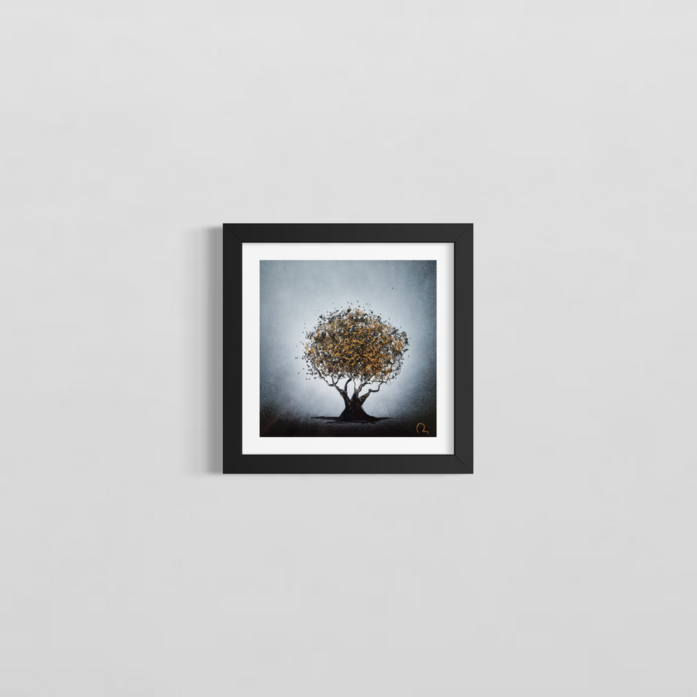 A simple portrait of a tree with a large truck and gold leaves. Painted with black and white Chinese Lacquer and gold leaf by Julien Rey.