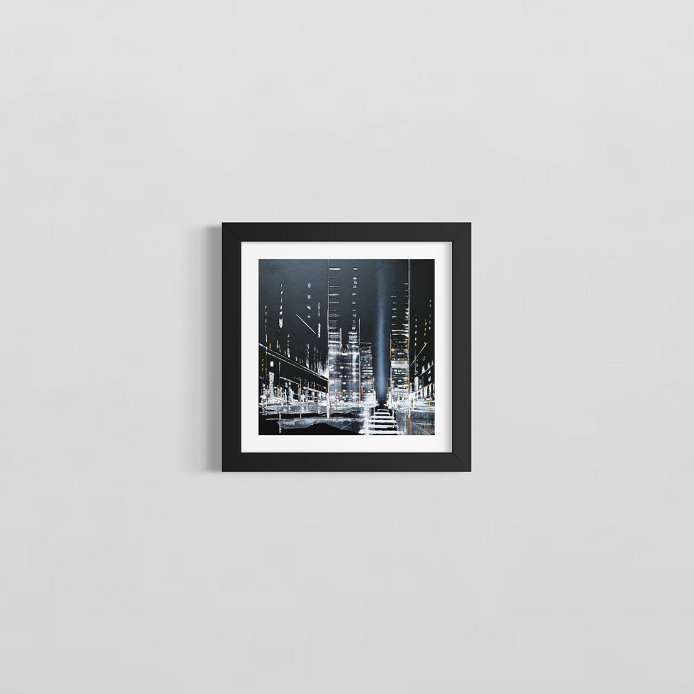 City Lights by Julien Rey shows a city scape scene where the abstract buildings reflect off of the rainy streets. Painted in gold leaf and black and white Chinese lacquer.