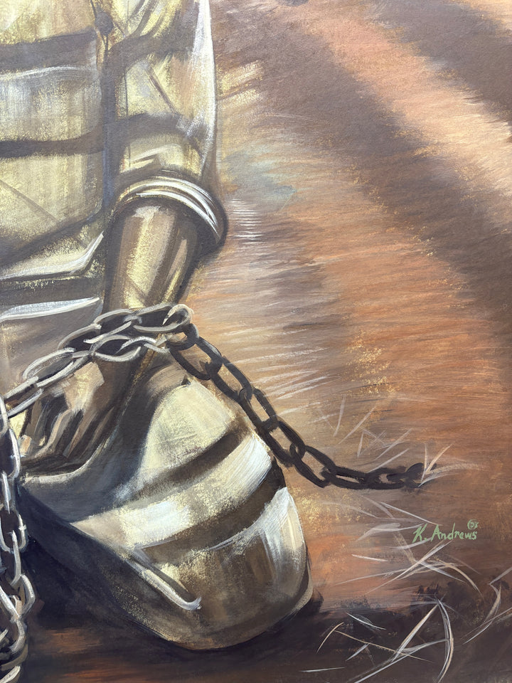 black slave prisoner man figurative portrait with chains in field dark and gloomy acrylic painting in browns and blues