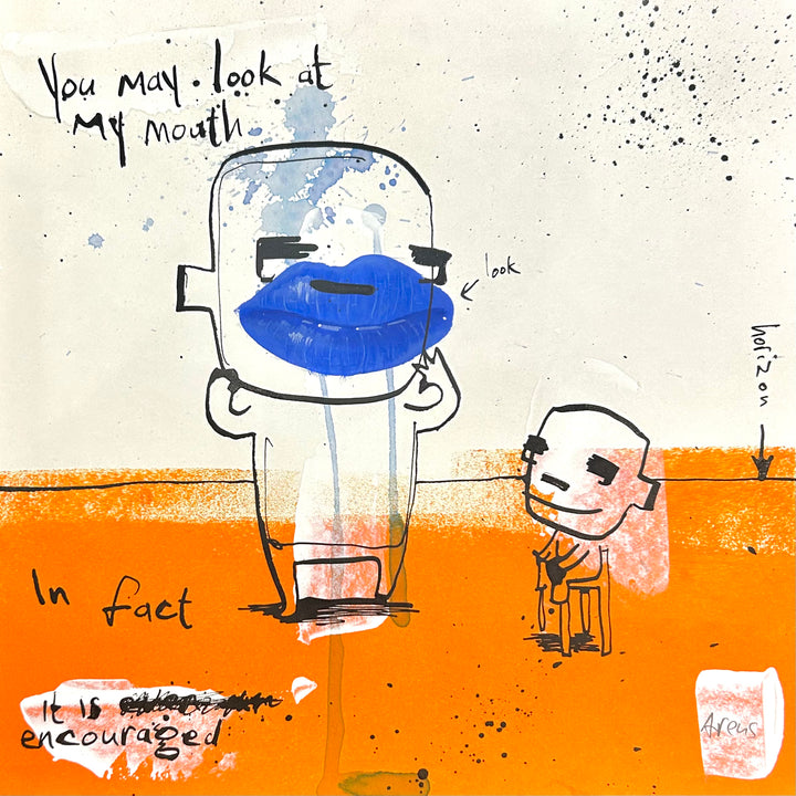 One standing figure with blue lips and one figure seated in front of a white and orange background with writing.   