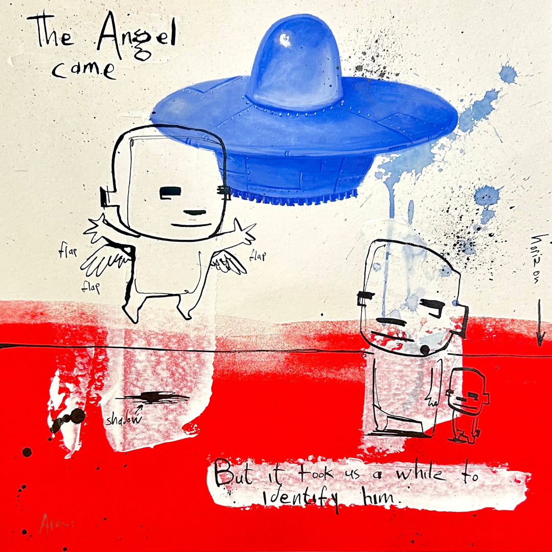 Three figures stand in front of a white and red background with a blue flying device.