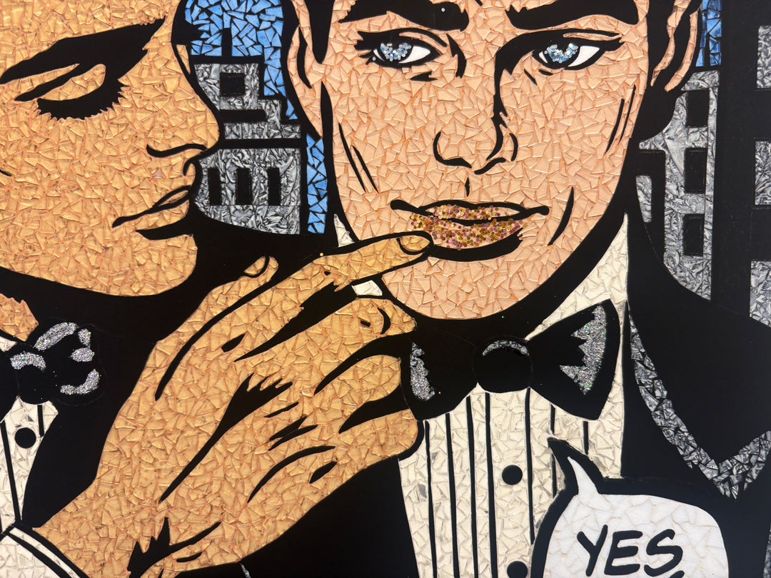 two men in stained glass mosaic style with comic speech text bubbles suite tuxedos cityscape gay relationship couple love hand embellished print