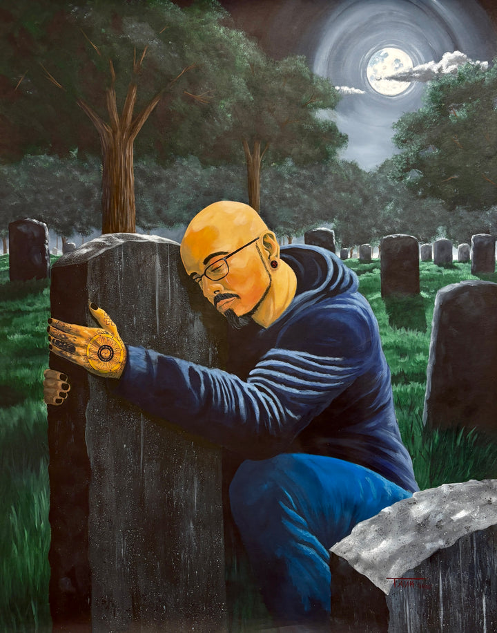 figure man leaning in cemetery  dark gloomy night sad inn greens and black with moon and clouds in acrylic