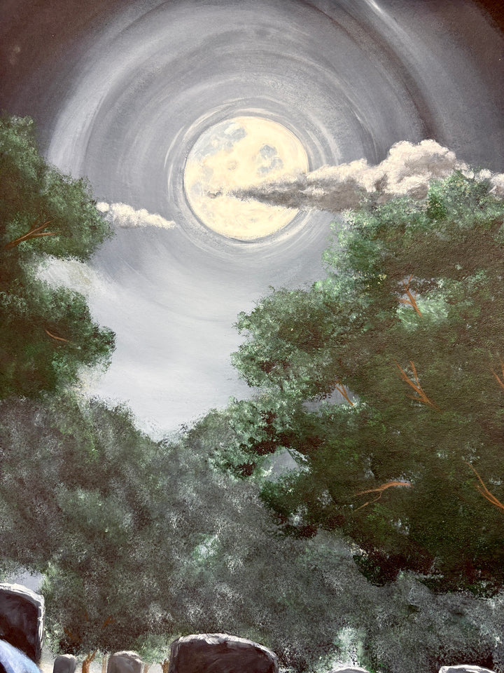 figure man leaning in cemetery  dark gloomy night sad inn greens and black with moon and clouds in acrylic