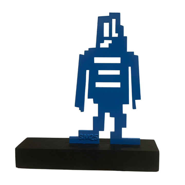 blue steel caricature figure sculpture street pop art on wood structure 