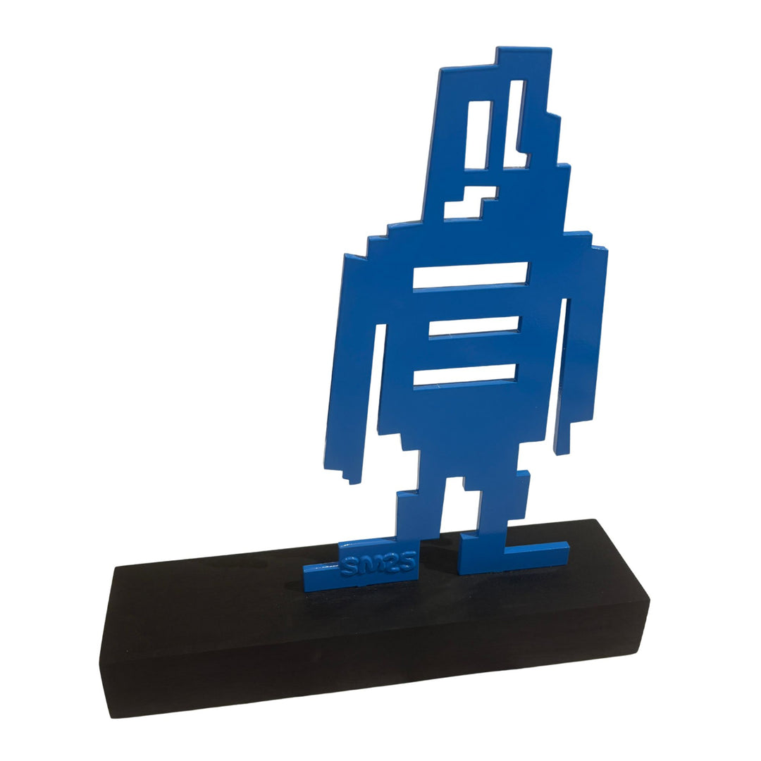 blue steel caricature figure sculpture street pop art on wood structure 