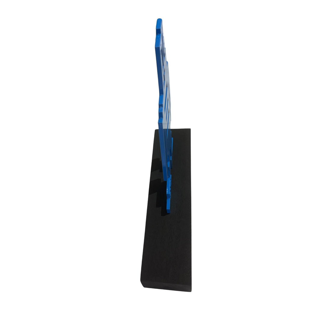 blue steel caricature figure sculpture street pop art on wood structure 