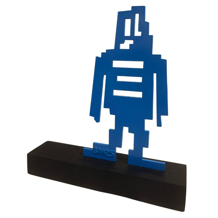 blue steel caricature figure sculpture street pop art on wood structure 
