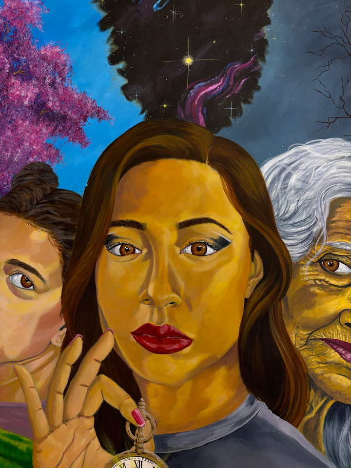 three figures portrait woman aging with clock and changing seasons trees purple green and dark gloomy space stars realism in acrylic