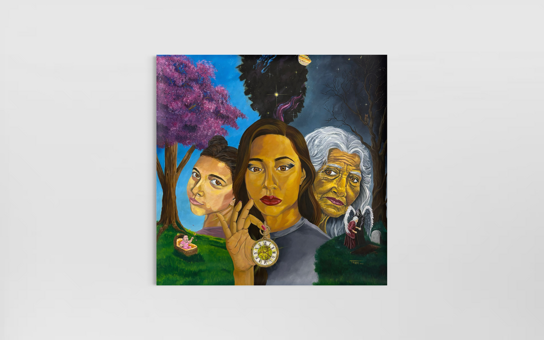 three figures portrait woman aging with clock and changing seasons trees purple green and dark gloomy space stars realism in acrylic