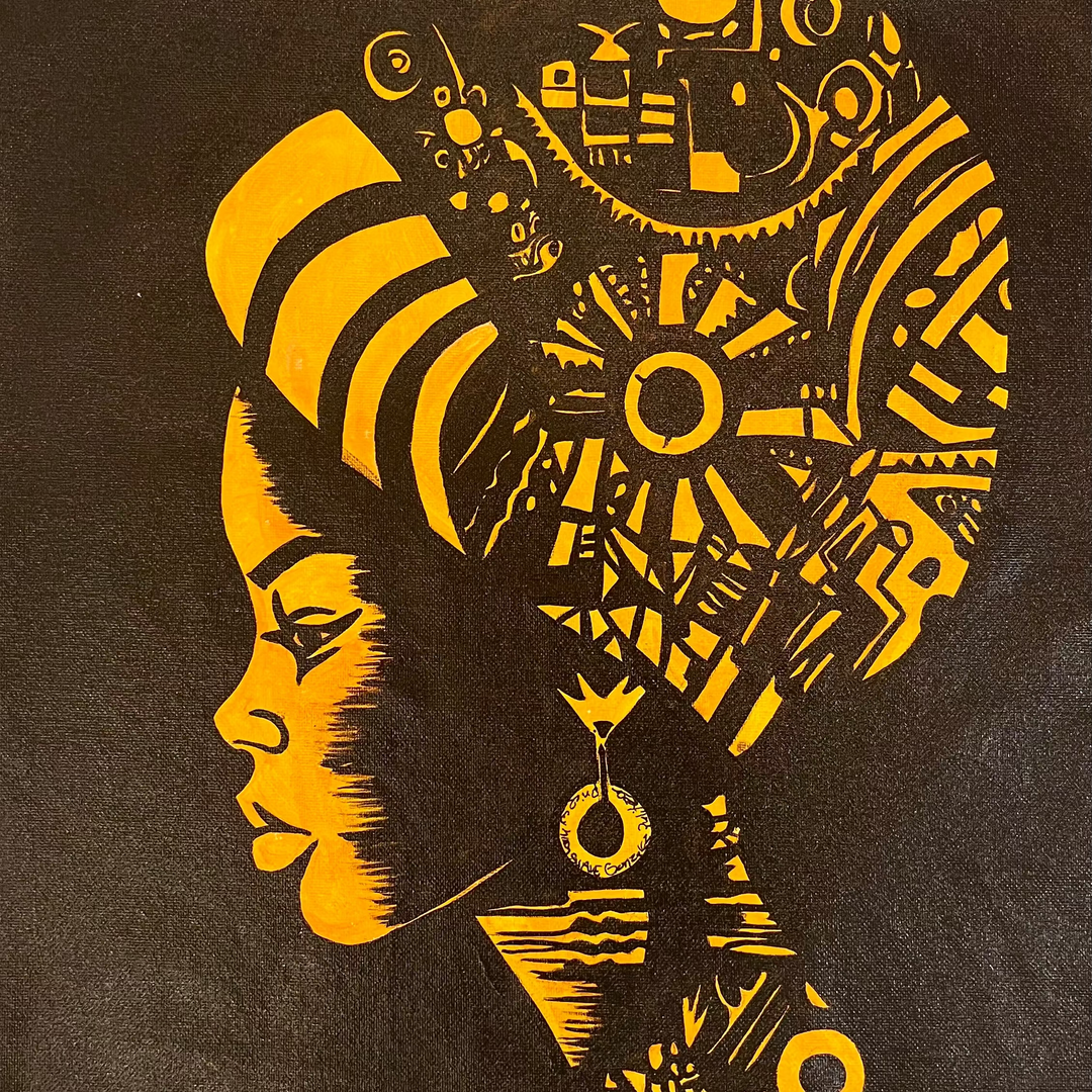 "In Shadow" by US-based artist Suave Gonzalez, an expressive acrylic on canvas portrait depicting a woman's profile in rich golden yellow against a deep dark background. Her elaborate headdress is filled with intricate geometric and symbolic patterns evoking African and ancient cultural motifs. Bold two-tone brushwork creates a powerful, graphic silhouette rich in cultural depth and symbolism. A striking figurative painting presented by Morton Contemporary Gallery.