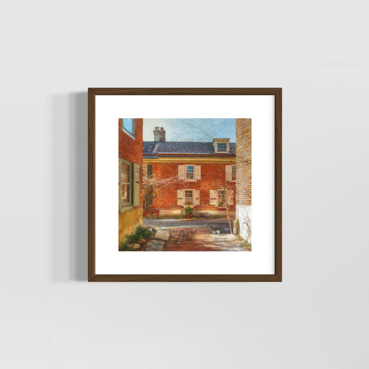 bright brick home alley way with trees blue sky sun shine landscape philadelphia in oil painted landscape realism 