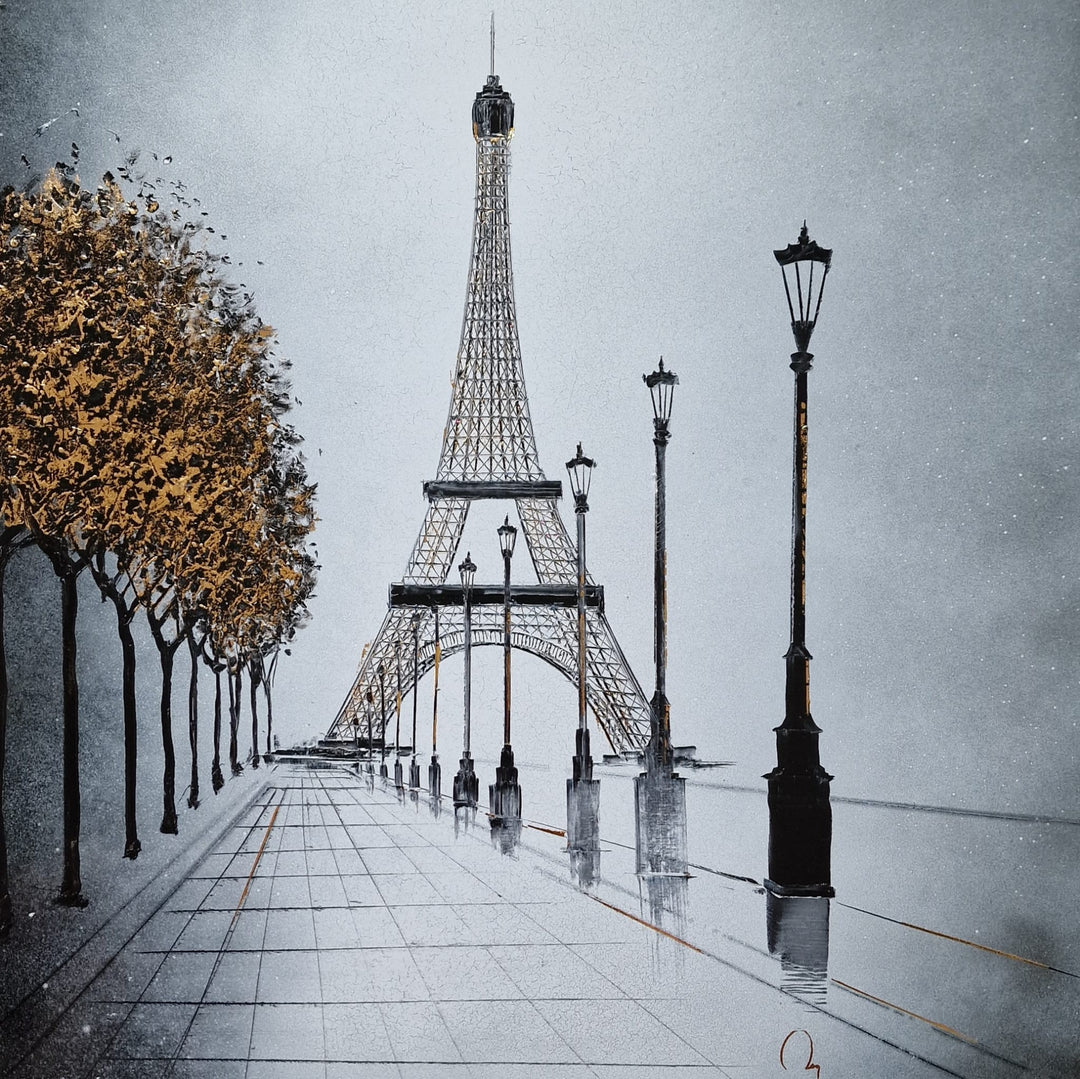 An abstract view of the Eiffel Tower on a walk way lined with trees and light posts. Painted with black and white Chinese lacquer and gold leaf by Julien Rey.