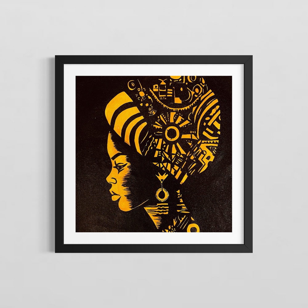 "In Shadow" by US-based artist Suave Gonzalez, an expressive acrylic on canvas portrait depicting a woman's profile in rich golden yellow against a deep dark background. Her elaborate headdress is filled with intricate geometric and symbolic patterns evoking African and ancient cultural motifs. Bold two-tone brushwork creates a powerful, graphic silhouette rich in cultural depth and symbolism. A striking figurative painting presented by Morton Contemporary Gallery.