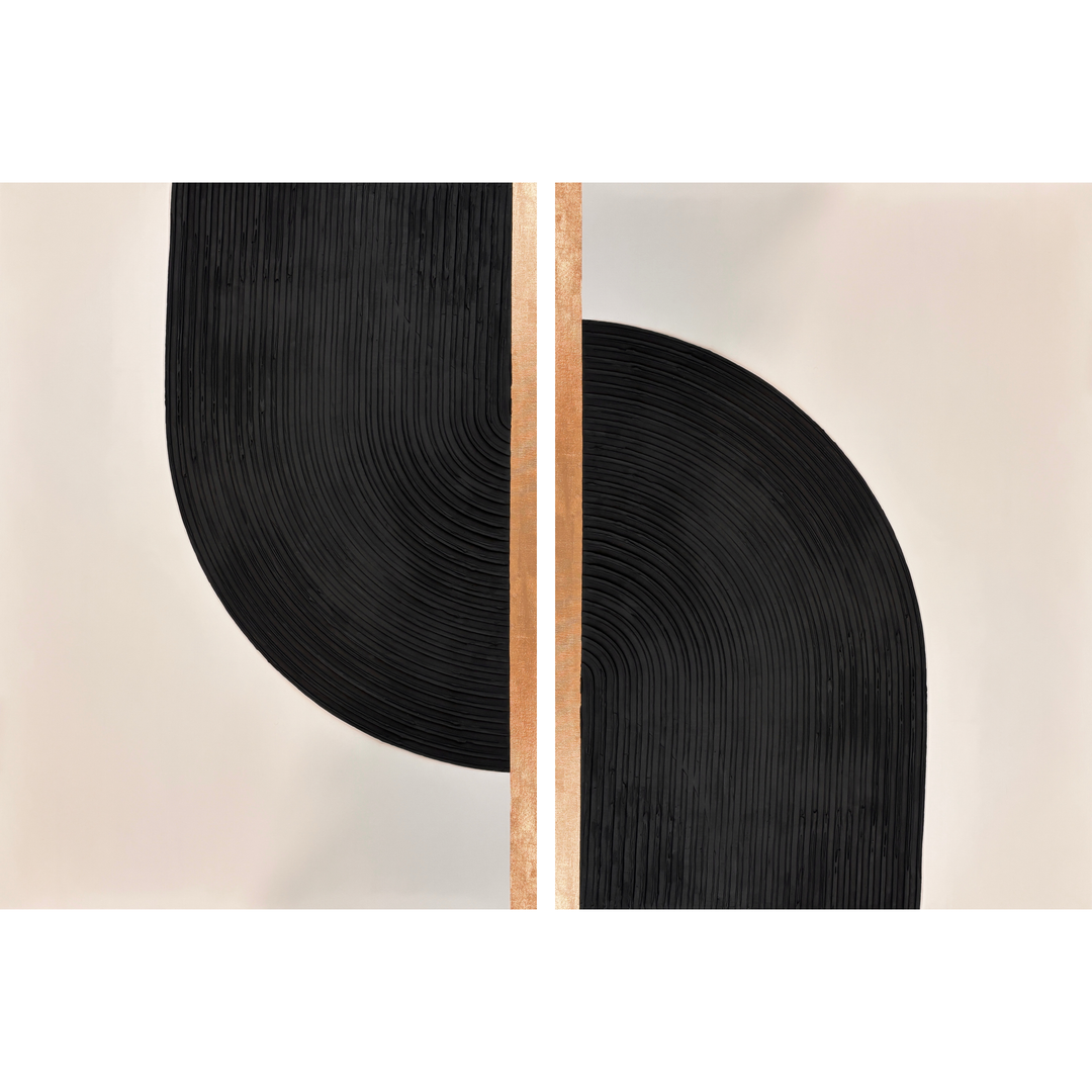 Lee in Cerulean, Interstellar Duo, joint compound and acrylic paint on canvas, 36 x 48 inches each (72 x 48 inches together). Two vertical textured panels side by side on cream backgrounds: the left has a black curved form of raised ridges descending from the top edge beside a vertical gold stripe, and the right has a black arched form rising from the bottom edge beside a vertical gold stripe.