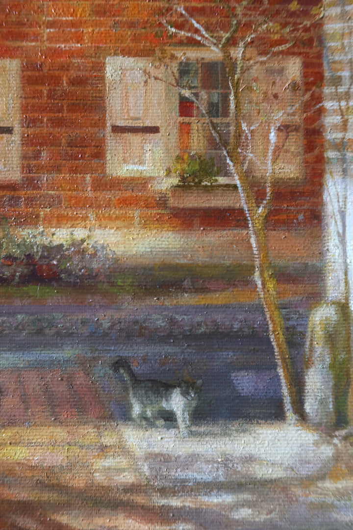 bright brick home alley way with trees blue sky sun shine landscape philadelphia in oil painted landscape realism 
