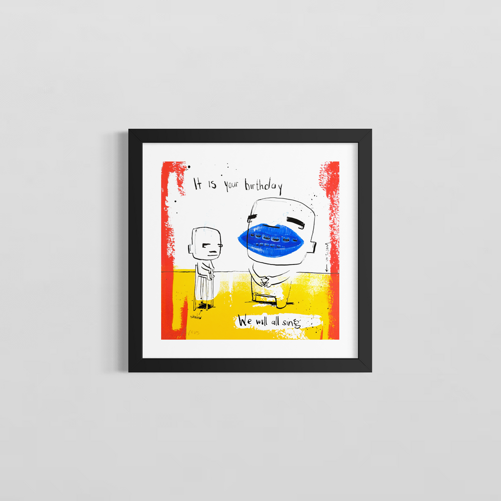 "It Is Your Birthday" by Netherlands-based artist Jan-Hein Arens, an acrylic and ink on paper work featuring two whimsical cartoon-like figures, one with an oversized blue smiling mouth, standing on a bold yellow ground with handwritten text reading 'It is your birthday, we will all sing.' A small label reads 'shadow' near one figure. Bold red borders frame the composition, blending deadpan humor with pop art energy. A mixed-media work presented by Morton Contemporary Gallery.