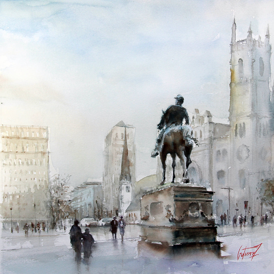 sidewalk scene with pedestrians, castle architecture, horse sculpture in Philadelphia in watercolor