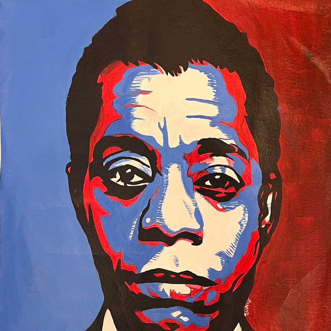 James by Suave Gonzalez — a graphic acrylic portrait with bold red, white, and blue tonal planes, depicting an intense close-up face against a divided blue and red background on canvas. A striking figurative painting presented by Morton Contemporary Gallery.
