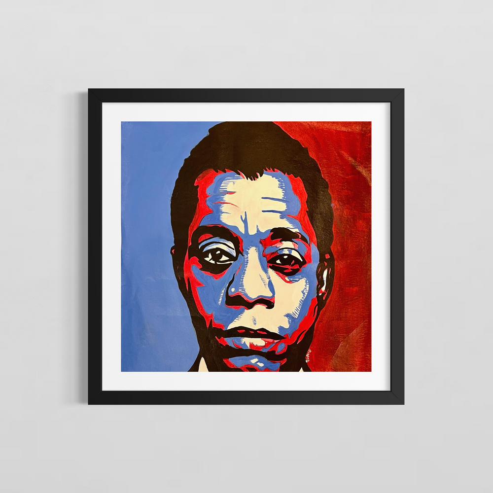 James by Suave Gonzalez — a graphic acrylic portrait with bold red, white, and blue tonal planes, depicting an intense close-up face against a divided blue and red background on canvas. A striking figurative painting presented by Morton Contemporary Gallery.